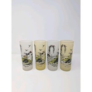 (4) Vintage Lady w/ Parasol Tall Frosted Drinking Glasses